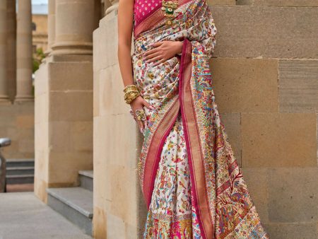 Salmon Pink & White Superior V.P.Silk Woven Printed Patola Silk Saree - Rewaa Milano For Discount