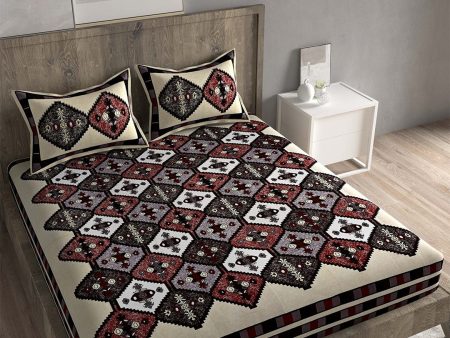 Spangle White & Maroon Ethnic Motifs 260 TC Cotton King Bedsheet with 2 Pillow Covers Online