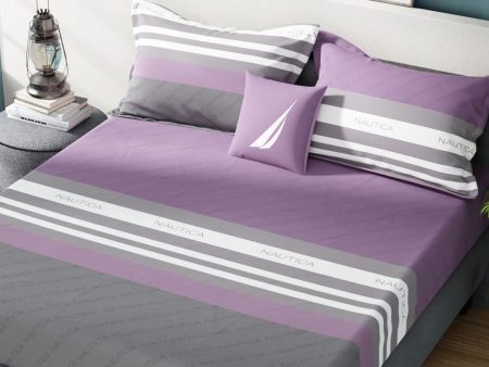 Nautica Bradford Purple & Grey Striped 160 TC Pure Cotton King Bedsheet & 2 Pillow Covers Cheap