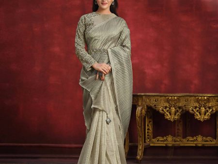 Olive Banarasi Crush Silk Sequence Thread & Stone Work  Texture Pallu Saree - Mohmanthan Kimiya Cheap