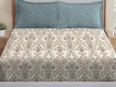 MYTRIDENT Dusk and Dawn Beige Printed Pure Cotton 144 TC Queen Bedsheet 2 Pillow Covers Supply