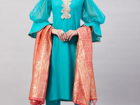 InWeave Women s Aqua Organza Sleeve Kurta Set With Peach Brocade Dupatta For Discount