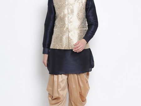 VM by Vastramay Men s Dark Blue Silk Blend Jacket, Kurta And Dhoti Set Discount