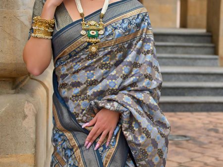 Steel Teal Blue Superior V.P.Silk Woven Printed Patola Silk Saree - Rewaa Milano Fashion