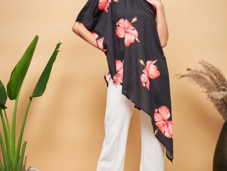 InWeave Women s Black Red Big Flower One Shoulder Kurta Online Hot Sale