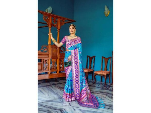 Aastha Fashion Women s Turquoise Paithani Silk Meenakari Zari Woven Saree with Blouse Hot on Sale