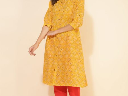 Janasya Yellow Cotton Bandhani Printed Casual Kurta For Sale