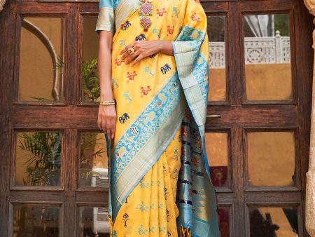 Janasya Yellow Cotton Silk Woven Ethnic Motifs Patola Saree Fashion