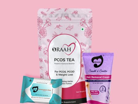 Oraah PCOS PCOD Care Combo (Kahwa Tea, Hair Removal Cream & Intimate Wipes) For Sale