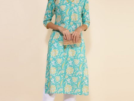 Janasya Aqua Blue Cotton Floral Printed Casual Kurta Online now