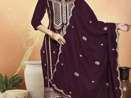 Aastha Fashion Women s Wine Velvet Cording with Resham Thread & Sequin Kurta with Trouser & Dupatta on Sale