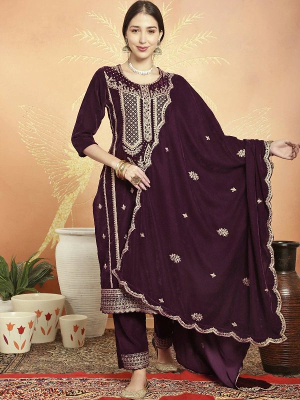 Aastha Fashion Women s Wine Velvet Cording with Resham Thread & Sequin Kurta with Trouser & Dupatta on Sale