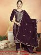 Aastha Fashion Women s Wine Velvet Cording with Resham Thread & Sequin Kurta with Trouser & Dupatta on Sale