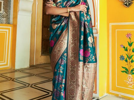 Janasya Dark Green Banarasi Silk Floral Woven Design Saree For Discount