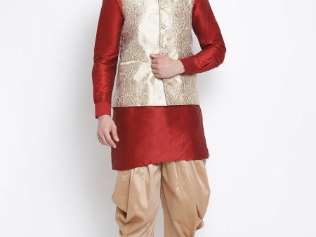 VM by Vastramay Men s Maroon Silk Blend Jacket, Kurta And Dhoti Set Fashion