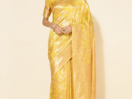 Janasya Yellow Chanderi Silk Floral Woven Design Saree For Discount