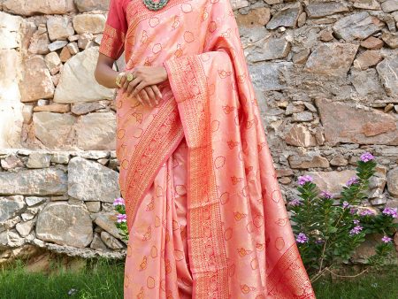 Janasya Peach Banarasi Silk Woven Dual Tone Floral Design Banarasi Silk Saree Discount