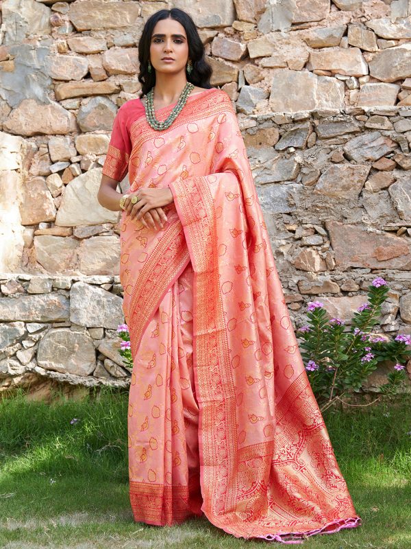 Janasya Peach Banarasi Silk Woven Dual Tone Floral Design Banarasi Silk Saree Discount