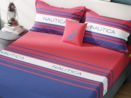 Nautica Bradford Red & Blue Striped 160 TC Pure Cotton King Bedsheet & 2 Pillow Covers Online Hot Sale