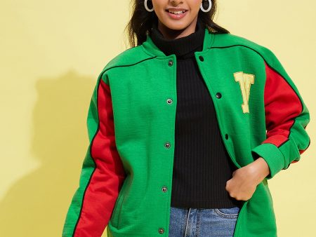 Lyush Girls Green Fleece Alphabet Varsity Jacket Online Sale