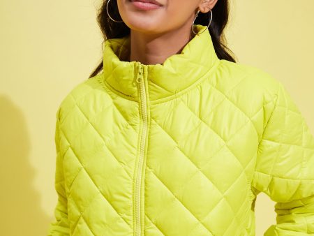 Lyush Girls Neon Yellow Taffeta Quilted Zipper Jacket Online Sale