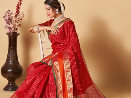 NOZ2TOZ Women Party Wear Banarasi Silk Saree with Un Stitched Blouse - Red on Sale