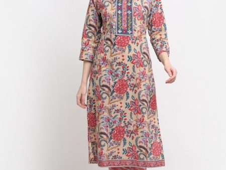 Kalini Women Beige Floral Printed Pleated Thread Work Pure Cotton Kurti with Trousers & With Dupatta For Cheap