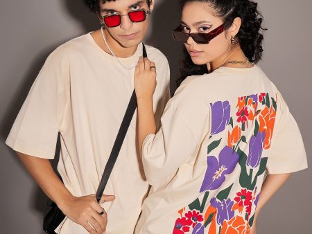 Lyush Beige Floral Back Print Oversized T-Shirt For Discount