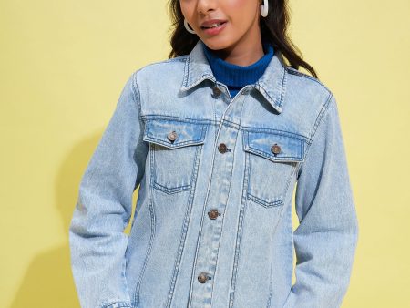 Lyush Girls Ice Blue Acid Wash Denim Jacket For Cheap