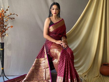 NOZ2TOZ Women Party Wear Banarasi Silk Saree with Un Stitched Blouse - Maroon Online now