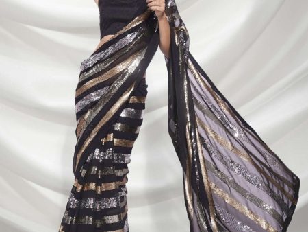 NOZ2TOZ Women Party Wear Designer Sequence Worked Black Golden Colour Georgette Saree Hot on Sale