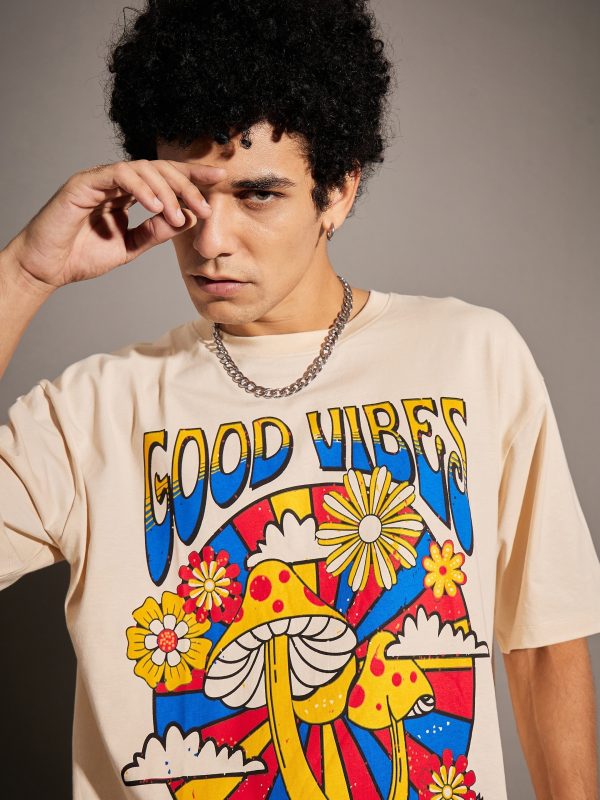 Lyush Beige GOOD VIBES Oversized T-Shirt on Sale