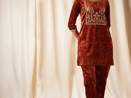 Lyush Women Rust Velvet Embroidered Yoke Short Kurta Supply