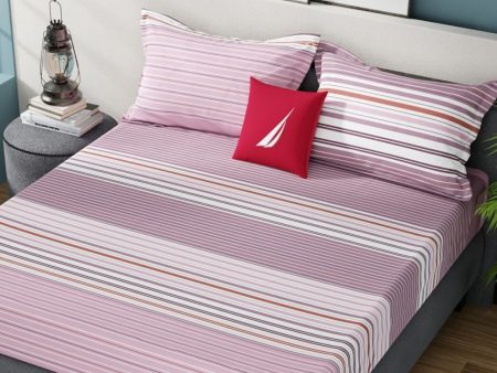 Nautica Bradford Pink & White Striped Cotton 160 TC King Bedsheet with 2 Pillow Covers For Discount