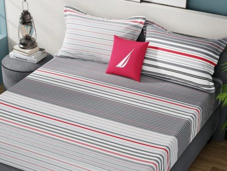 Nautica Bradford Grey & White Striped Cotton 160 TC King Bedsheet With 2 Pillow Covers on Sale