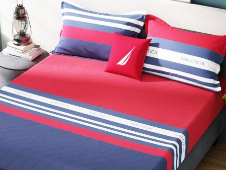 Nautica Bradford Red & Blue Striped 160 TC Pure Cotton King Bedsheet & 2 Pillow Covers Online Sale