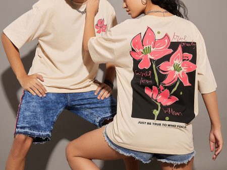 Lyush Beige True Floral Print Oversized T-Shirt Cheap